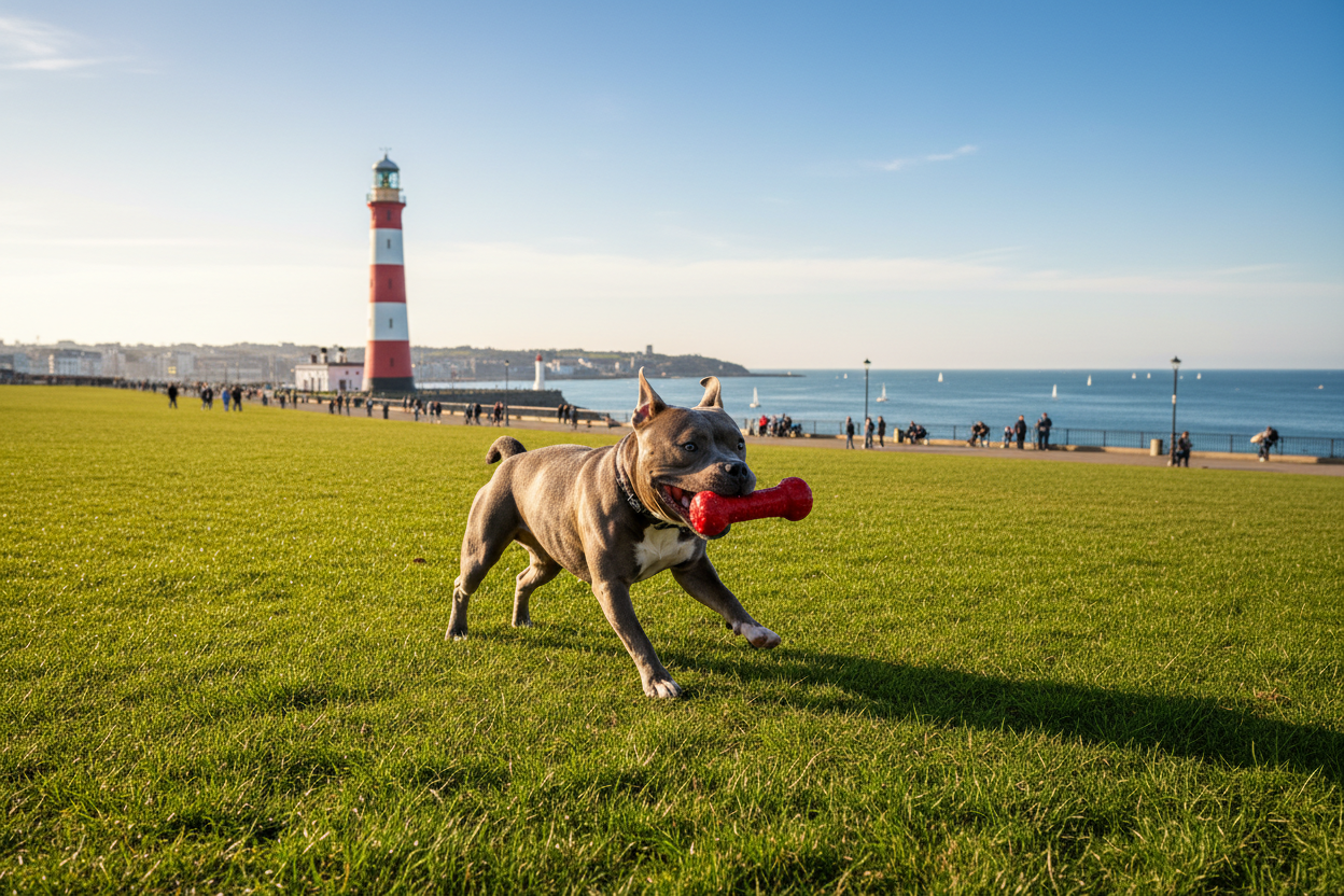 Grey pocket bully with floppy ears on Plymouth Hoe